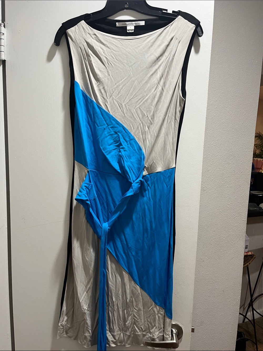 Diane Von Furstenberg Cream and Bright Blue Sleeveless Midi Dress